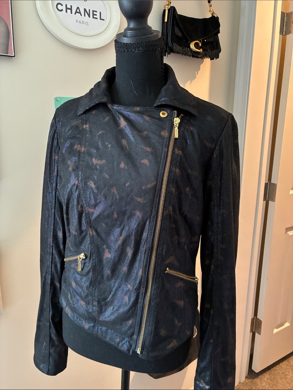 Rock & Republic Black Leather Jacket with Gold Hardware